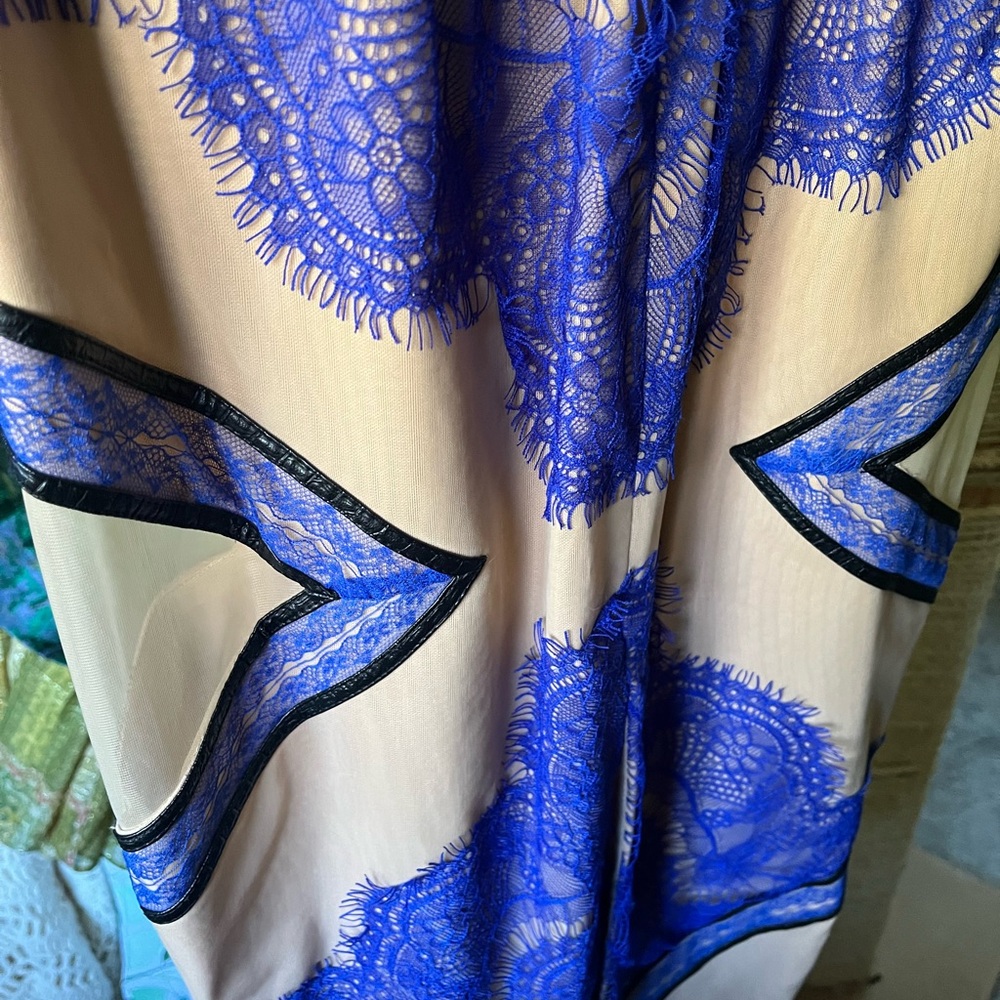 Three Floor electric blue/periwinkle Dress w/Lace, black leather, & sheer detail - Picture 8 of 16